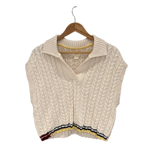 NWT Mauve Cable Knit Sweater Vest – Preppy Collared V-Neck, Varsity Striped Hem, - Picture 1 of 7